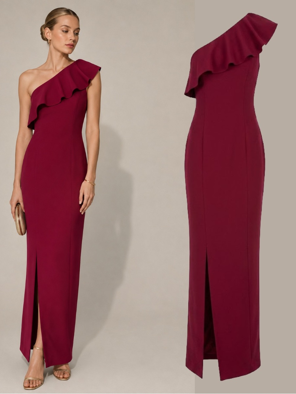 Calvin Klein One Shoulder Ruffle Gown Maxi Dress Burgundy Mauve Wedding Guest 6